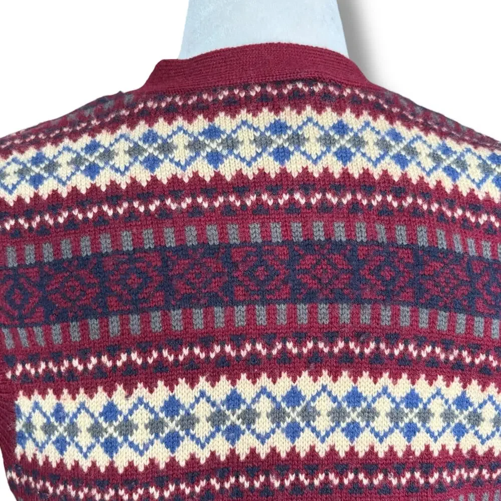 Vintage Talbots Fair Isle Wool Sweater Vest Burgundy Button Front Petite Preppy‎